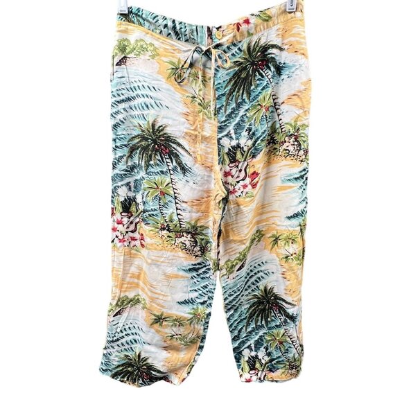 Braeton Womens XL Wide Leg Beach Capri Pants Hawaiian Drawstring Palm Trees Surf - Picture 3 of 15